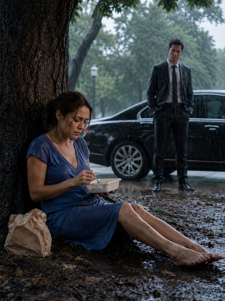 “Why are you eating in the rain?” The wealthy businessman stared at his maid, soaked and shivering beneath a tree, her cheap lunchbox filling with water. She didn’t move, didn’t seek shelter—just sat there, trembling, as if she’d forgotten what comfort felt like. He’d never really noticed her before. To him, maids were just background figures in his grand life. But something about that sight pierced through his wall of indifference. When he finally asked why she wouldn’t eat inside, her answer broke his heart: guests had complained her uniform smelled like detergent, so she’d exiled herself to the garden to avoid embarrassing him. That one conversation changed everything—and led him to discover a truth that would transform his wealth into something far more meaningful than money could ever buy.