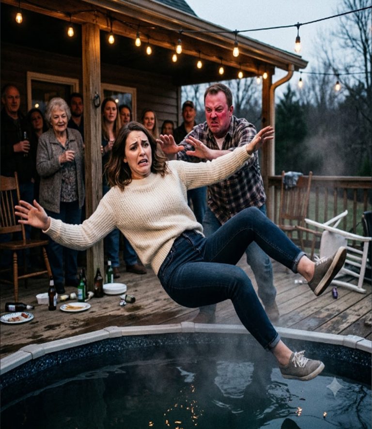 At my husband’s 35th birthday party, I spent my entire monthly income on a beautiful cabin rental. I cooked, cleaned, and waited on his family hand and foot. When I finally sat down to rest, my drunk husband yelled, “Take care of the guests!” and shoved me into a freezing pool. His entire family laughed. Blood dripped from my nose as I climbed out. Then I made one phone call. And 15 minutes later, I walked back in with my mother—and took everything from them.