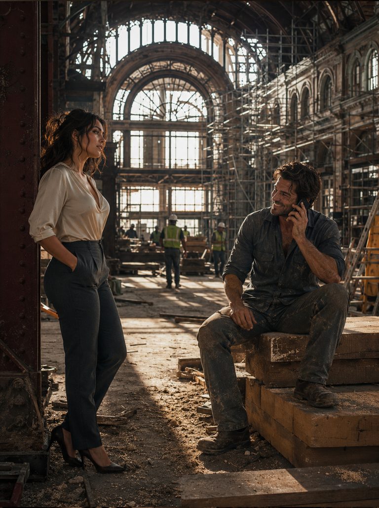 “I wish I had a family like yours,” the young CEO murmured, watching her carpenter laugh into his phone during his lunch break. She thought no one heard. But the man looked up, met her eyes, and smiled. “My kid needs a mom.” One joke changed everything — a historic building, a fortune, and two lonely people who never expected to find each other.