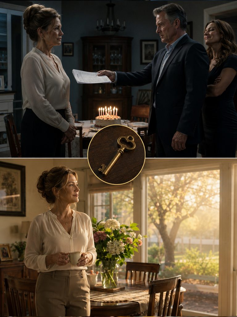 “She’s moving in today,” my husband Robert said on my 58th birthday. A young woman stood beside him wearing the watch I’d seen on his credit card statement months ago — the one he swore was for a business client. After 30 years of marriage, he handed me divorce papers and told me to pack my things. But the key I left on the table wasn’t surrender. It was the first move in a plan that would expose every lie he’d buried — including the forged documents he’d hidden in his locked desk drawer.