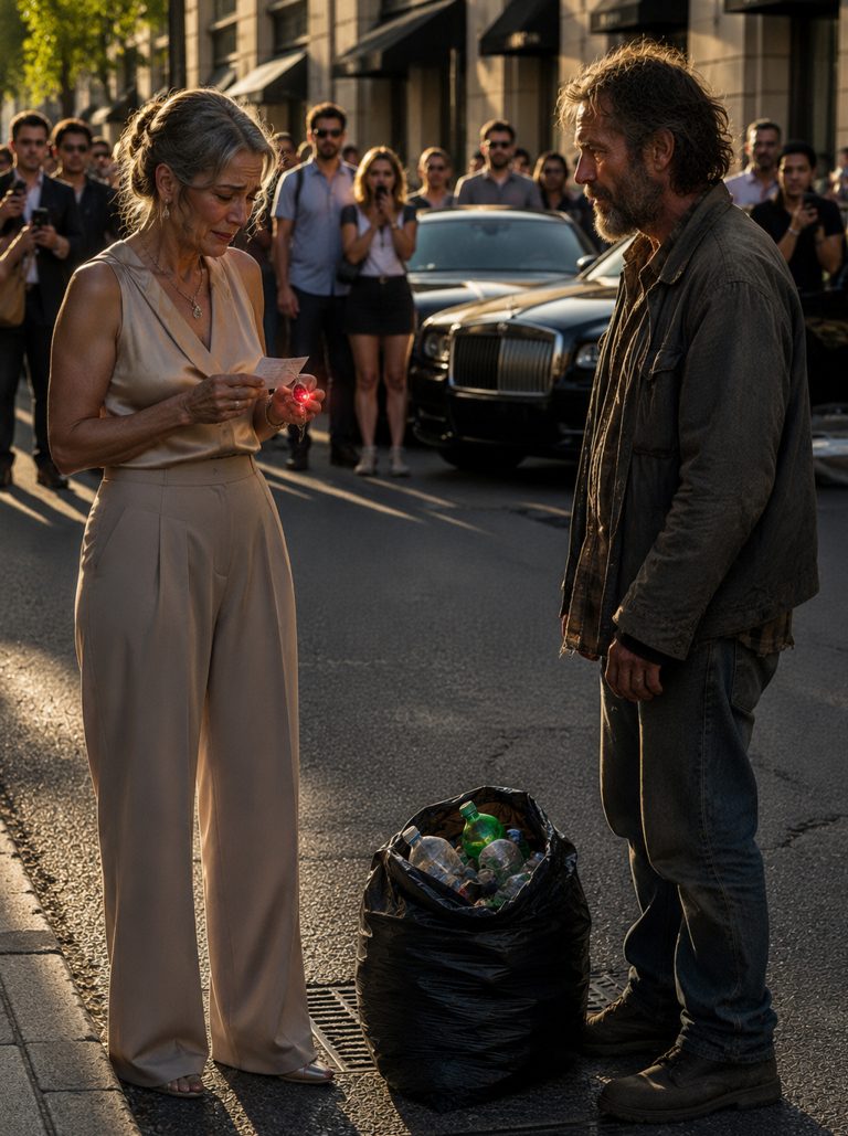 “Those are my son’s,” the elegant billionaire woman’s voice trembled as she pointed at the ruby pendant hanging from the homeless man’s neck. The crowd immediately assumed he had stolen it — phones raised, angry voices demanding arrest. He didn’t argue. He simply removed the pendant and placed it in her shaking hands. But when she turned it over, she found a tiny folded note hidden there for years… and the truth of who had saved her child changed everything.