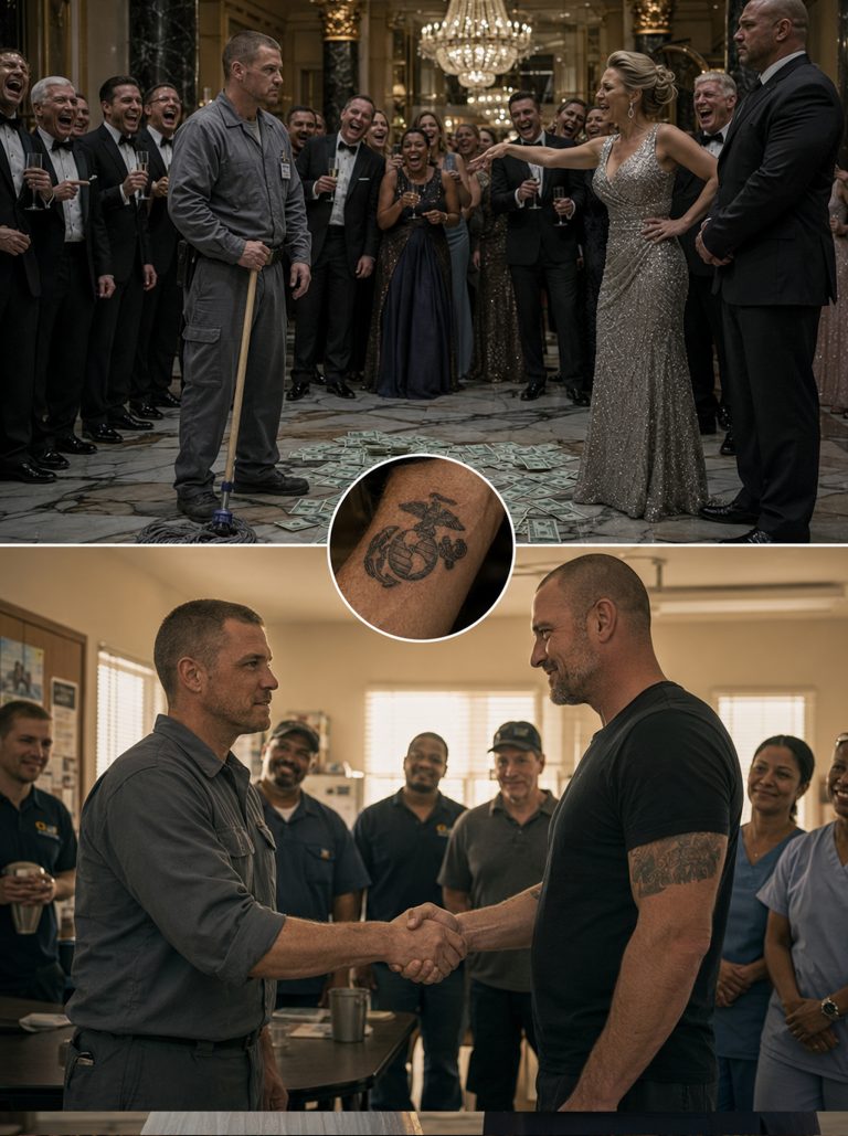 “At a glittering party in front of more than 40 guests, a billionaire called a quiet janitor into the center of the hall, dropped $7,000 at his feet, and offered it all if he could beat her bodyguard. The entire room laughed, certain he would fall in seconds. But when the janitor calmly rolled up his sleeve and revealed the tattoo on his forearm, the bodyguard’s smile vanished. A few whispered words later, the bodyguard removed his earpiece, folded his jacket, and walked out — leaving his badge behind on the champagne table.”