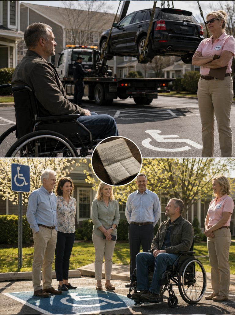 “This spot isn’t yours anymore. Move that chair now.” No hello, no sorry, just entitlement. Clipboard in hand like a weapon. I’m a disabled veteran. Both legs gone below the knees after an IED in Fallujah. That parking space is federally designated, VA documented, doctor’s orders — mine for 3 years. The wheelchair sign was staring right at her. She knew it didn’t matter. She speed-dialed the tow truck right in front of me. I didn’t argue, didn’t say a word. I just got very quiet — because the moment those chains went tight, I knew exactly what she just handed me. Three days later, federal investigators were at her door.