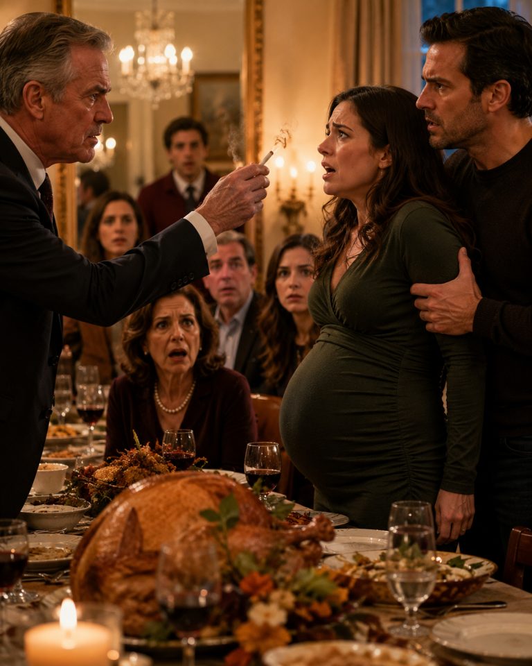 “The Thanksgiving dinner was supposed to be a time of gratitude, but instead it ended with my father-in-law grinding a lit cigarette into my pregnant belly to teach me a lesson. While my husband calmly held my arms down, I offered a cold smile, flipped the entire holiday feast upside down, and set in motion a chain of events that would destroy their lives forever. From the cops to the courts to a prison sentence — they had no idea who they were burning that day.”