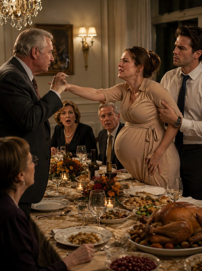 “The cigarette pressed into my pregnant belly while my husband held my arms down,” Lauren said, the burn still fresh on her skin. “I didn’t scream. I smiled. Then I flipped the entire Thanksgiving feast upside down — and set in motion a chain of events that would destroy their lives forever.” She walked out that night with nothing but her phone and a bag of clothes. But she had evidence. Security footage. A medical report. And a plan that would leave them homeless, arrested, and begging on the streets before they even knew what hit them.