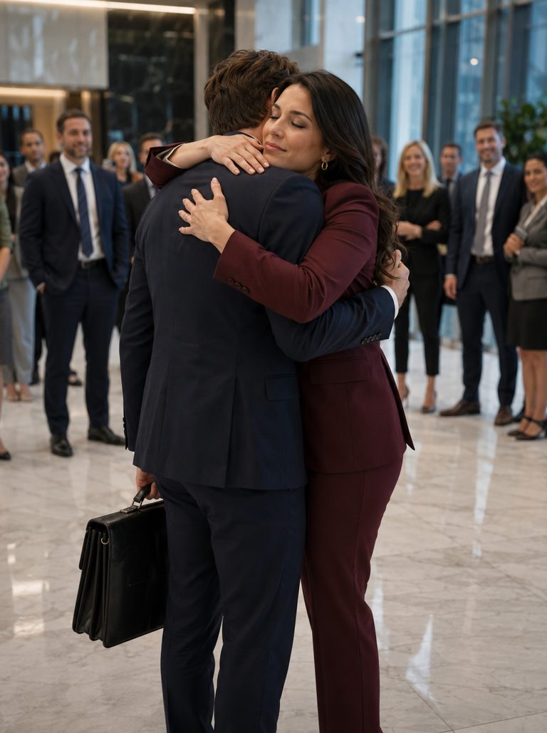 “Your position has been eliminated,” the board told the single father they’d mocked for weeks. They said he’d fled when the crisis hit hardest. The CFO was already preparing to seize his office and erase every trace of his influence. Then, on a Monday morning, Everett walked back through the front entrance carrying a worn suitcase and exhaustion across his face. The entire grand lobby fell into stunned silence. And Genevieve Whitmore Kingsley — the coldest CEO on Wall Street — abandoned a billion-dollar meeting mid-sentence, rushed downstairs, and wrapped her arms around him in front of everyone. What he’d been doing in Paris for a month was about to expose the greatest betrayal in the company’s history.