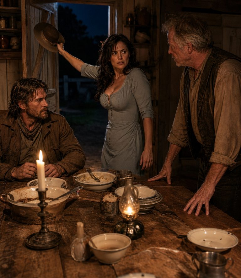 “Get out,” she slammed the serving spoon onto the table. The stranger in trail dust didn’t flinch — just sat there in her family’s kitchen like he had every right to be there. Then her father spoke four words that stopped her cold: “He came to marry you.” She threw his hat into the yard, told him to follow it, and didn’t know she’d just met the only man who could help her save the valley from a mining company’s conspiracy.