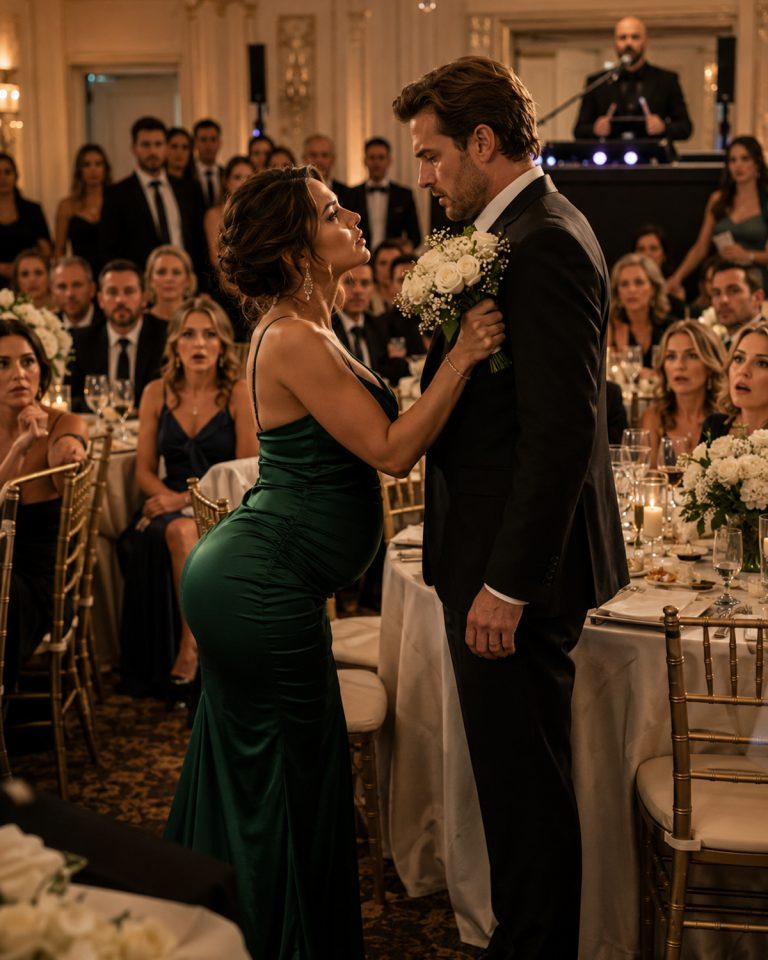 “The bouquet hit Maya Whitaker square in the chest at her sister’s wedding. Not her hands — her chest. White roses, eucalyptus, and one ridiculous satin ribbon. She didn’t laugh. She didn’t toss it to someone else. She walked straight to my table with the whole ballroom watching and said, ‘I need you to not make a joke for 10 seconds.’ That scared me more than the flowers because Maya and I survived on jokes. Then she reached out, placed the bouquet against my chest, and in front of 200 people asked, ‘Do you want the truth now, or do you want me to keep pretending for another 8 years?'”
