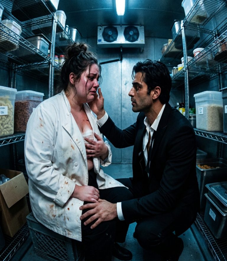 “I slammed the walk-in pantry door shut and slid down the cold steel wall, sobbing into my flour-stained hands. The burns on my chest were still screaming. Then the latch clicked open behind me. I looked up and saw the most feared man on the East Coast standing over me. He crouched down, wiped the tears from my cheek, and said three words that changed everything.”