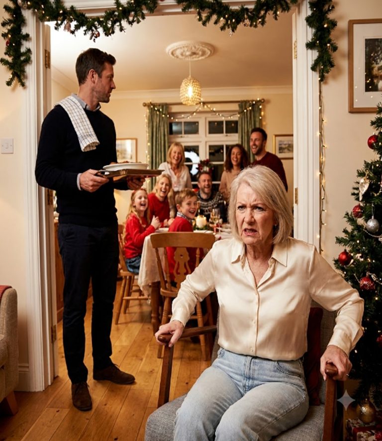 “Can someone please tell him the help eats after the family?” my sister announced at Christmas dinner, clinking her glass as 14 people laughed. My husband stood in the doorway with a dish towel on his shoulder, the same spot he’d been placed for 11 years. My father smiled and called it “accurate.” Ronan set the tray down carefully, looked at me, and smiled. I didn’t understand that smile until 12 minutes later—when my sister’s boyfriend walked through the door in a gray overcoat, swinging Bentley keys. He took three steps, read the name stitched above my husband’s pocket, and stopped cold. The keys hit the hardwood. He never sat down. And none of them understood yet what that smile had already cost them.