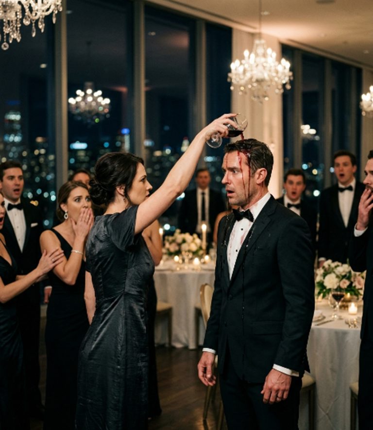“Who does this man think he is?” Victoria sneered as she poured red wine over a stranger’s head at a billion-dollar gala. The crowd laughed. Cameras flashed. She felt powerful. Twenty minutes later, the master of ceremonies stepped to the podium and announced the mysterious billionaire funding the entire partnership. The man they’d just humiliated — covered in wine, silent, unshaken — walked slowly toward the stage. Victoria’s smile vanished. The chairman turned pale. And in that moment, they all realized they’d just destroyed their own future.