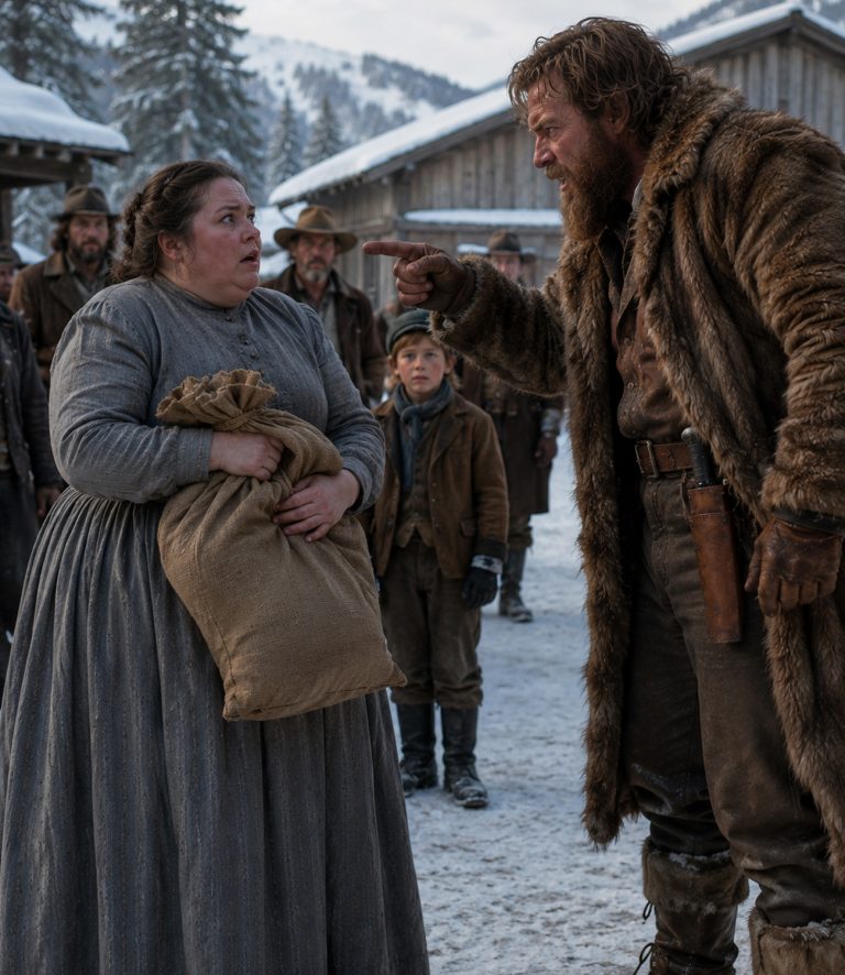 “By spring,” the mountain man bellowed, his voice echoing off the frozen valley walls, “you’ll birth me three sons.” The entire Amish settlement froze. Hannah, 300 pounds and ridiculed her whole life, stood trembling as the 6’6″ wild man pointed at her. She’d never even been kissed. He’d lived alone in the peaks for 12 years, terrified of women. But he saw her massive frame and knew — she was built to survive. Her father sold her for gold dust that same hour. What happened next would become legend.