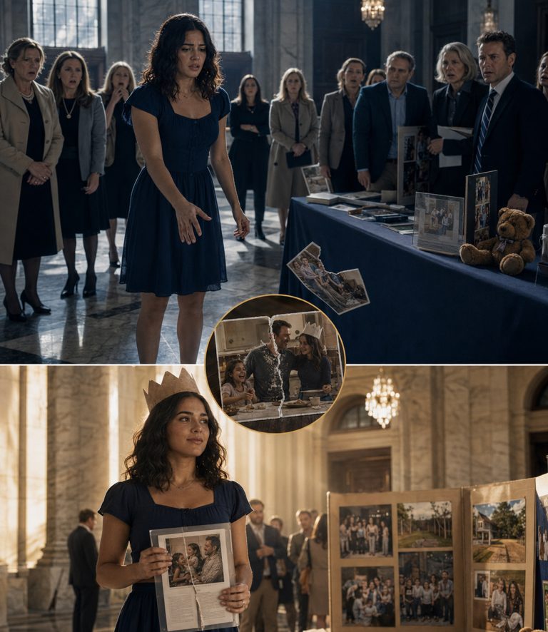 “She doesn’t belong here,” the sister-in-law announced, tearing the family photo in half while the children sang on stage. I stood there in my blue dress while thirty wealthy parents watched me disappear. Then the six-year-old climbed down, placed her paper crown on my head, and said four words that changed everything. What happened next made the entire room forget how to breathe…