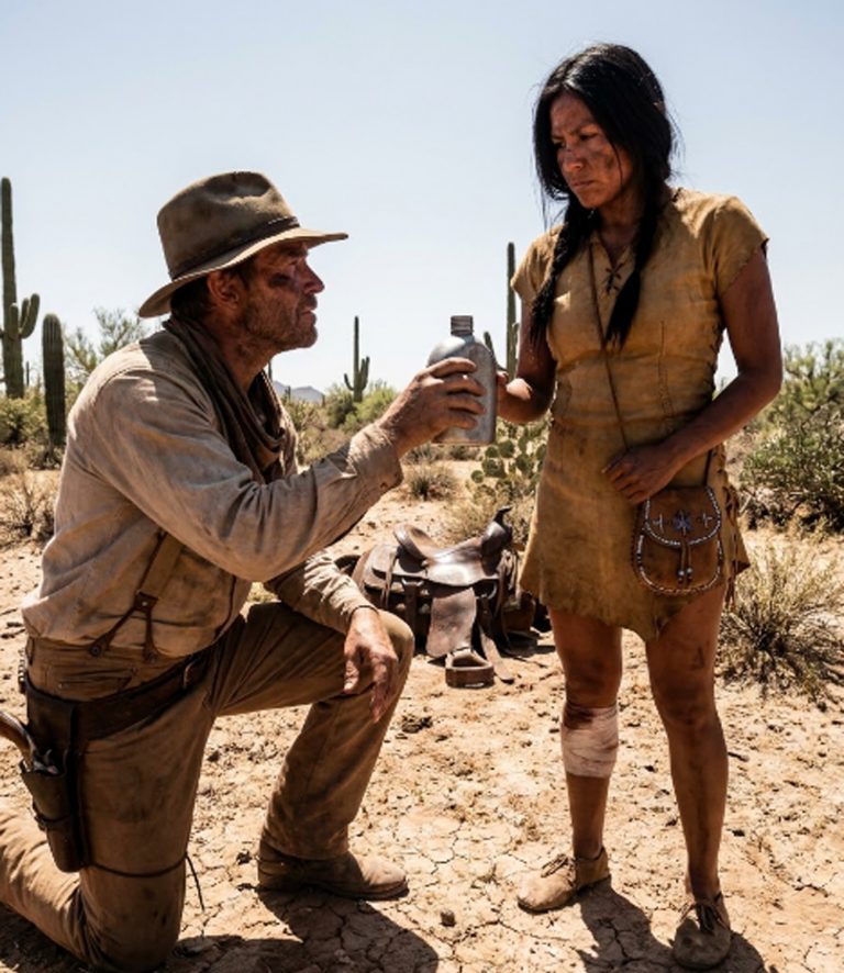“The sun was a merciless hammer in the vast empty sky, beating down on the cracked earth of the Arizona territory. For the woman lying half-conscious against a blistered rock, her life was worth nothing at all. They had left her for the buzzards. Her leg was twisted at an unnatural angle, bone piercing through skin. She was Apache, and they had taken her horse, her water, and her dignity. But they missed the small beaded pouch clutched in her hand. Miles away, a lone rider crested a ridge. His name was Cain, and silence was his oldest companion. He wasn’t looking for trouble—he was running from the ghosts of it. He saw the flicker of turquoise against the rock and something unfamiliar pulled at the threads of his solitude. He had no idea that the pouch held a deed worth killing for—and that saving her would force him to speak for the first time in five years.”