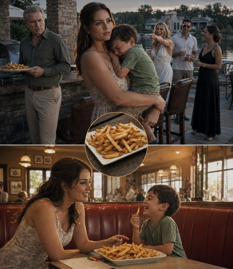 “Step back, Leo,” my father sneered, snatching the plate of fries away from my four-year-old son. “These are only for my real biological grandchild.” My sister laughed. My relatives joined in. My little boy’s face crumpled as tears rolled down his cheeks. I scooped him up, walked out without a word, and took him for the best dinner of his life. Two hours later, my phone started ringing. My father’s entire $50 million empire was collapsing. And I had one final message to send…