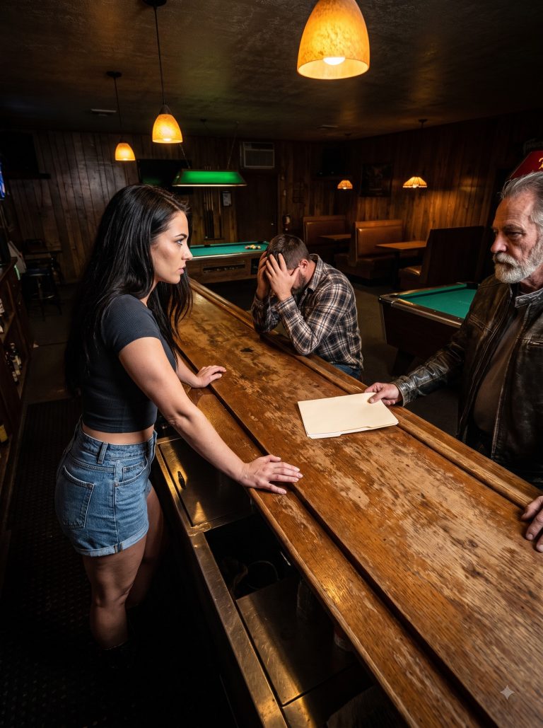 “You look well from what I hear,” my husband said from across the bar. He’d driven across two states, sent three scouts before coming himself, and even orchestrated a setup to test how we’d respond to pressure. I was standing behind the bar of a Montana biker bar where I’d shown up 8 weeks earlier with $43 and nowhere to sleep. He wore his Milan coat and his pressed shirt, and he expected to find the woman who’d been afraid of him for 7 years. Then Titan slid a folder across the counter — three years of financial records, sworn statements, and documentation — and I watched everything my husband had built collapse in real time.
