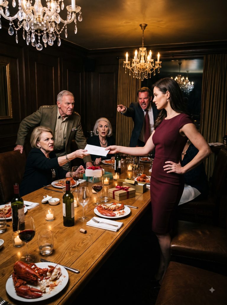 “Did you come here to freeload?” my mother-in-law frowned at me across the birthday dinner table. My husband immediately barked, “Why are you still sitting there? Give Mom the cash envelope.” The entire extended family watched in silence as the relatives presented designer scarves and espresso machines. I reached into my clutch and pulled out a thin white envelope. My husband smirked, expecting a thick stack of cash. Instead, a single crumpled dollar bill fluttered onto the pristine tablecloth — followed by a legal document that made my mother-in-law’s face go instantly pale and destroyed their perfect facade forever.