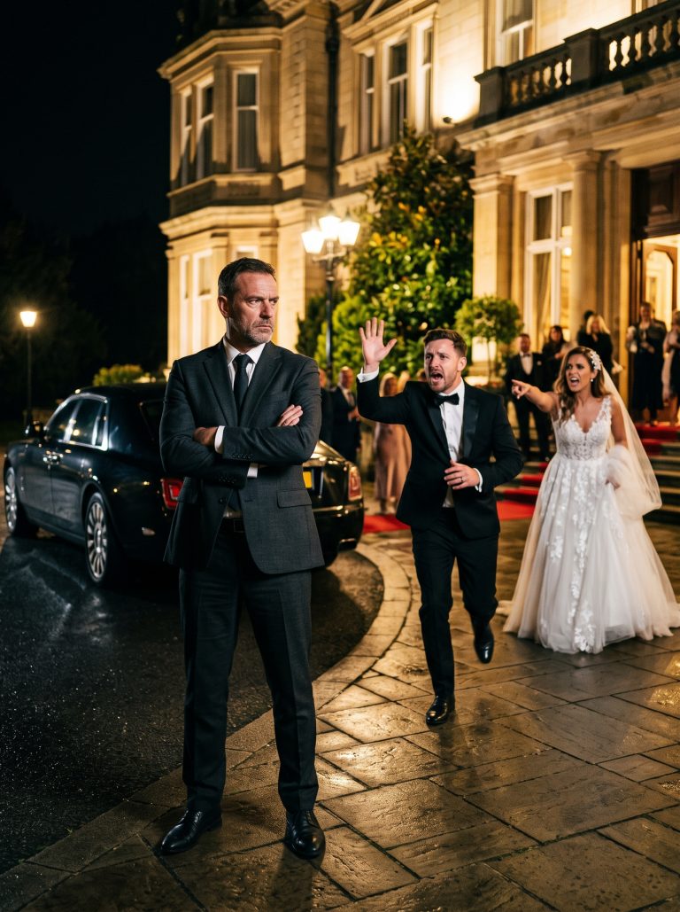 “Please escort this gentleman out. He’s in the wrong section.” The bride’s voice carried across the ballroom, sharp enough to make nearby guests set down their champagne flutes. Emily Hartwell had spent eleven months planning every detail of her wedding—the flowers, the lighting, the seating chart revised four times. Then she noticed a man in the VIP section wearing a worn navy suit and carrying a plain white envelope. She decided he didn’t belong. She had him removed in front of four hundred guests while laughter followed him through the doors. Thirty seconds later, three black Rolls-Royces pulled up to the entrance—and the groom ran.