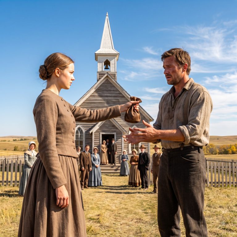 “I can’t marry you like this,” she said, pressing a leather money pouch into his hands right there in the churchyard — nearly $400, every cent her family had scraped together over three desperate months. The whole town had gathered to watch the wedding, but instead of a bride in white, she walked across the grass in a plain traveling dress. Then she asked him the question that mattered more than any vow, more than any debt or ledger or handshake made nine years ago. And his answer changed everything.