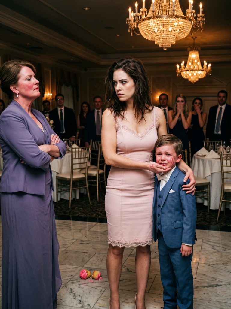 “Why would you hit a 5-year-old for taking a cupcake?” My mother-in-law’s handprint was still on my son’s cheek when my husband grabbed my wrist and whispered, “It’s my sister’s wedding. Just let it go.” I held my crying son and swallowed every tear to keep the peace. But then my innocent little boy stood up, wiped his face, and spoke a single sentence that brought the entire ballroom to a dead silence. The bride froze. The groom turned pale. And within ten minutes, a wedding that cost months to plan was canceled in front of hundreds of guests. All because a child told the truth.