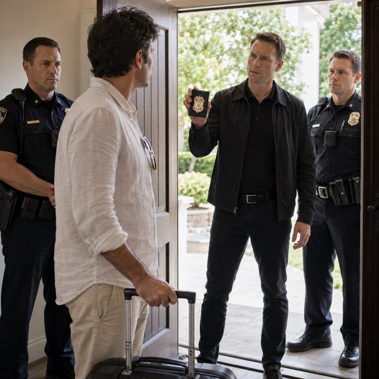 “I need you to step away from the doorway,” the detective said, badge already out. My husband laughed — until the officer read him his rights right there on the porch he’d never paid a mortgage on. He thought he’d come home to a broken wife and an inheritance. Instead, he walked into 74 days of evidence I’d built while he was gone… and a warrant that changed everything.