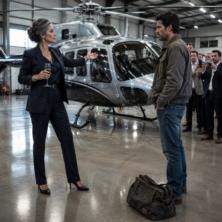 “Make that dead helicopter fly,” the CEO announced to a room full of investors, champagne in hand. “And I’ll marry you.” Everyone laughed. The $7.5 million luxury rotorcraft hadn’t moved in four years. Six engineering firms had failed to fix it. A man in a faded work jacket with a patched tool bag stepped forward and said, “I don’t need you to marry me, but by morning it will be in the air.” She signed a legal agreement right there, certain she couldn’t lose. Then he made one phone call and started working. At 6:58 the next morning, the turbines split the Texas dawn wide open. And what he found inside that helicopter changed everything.