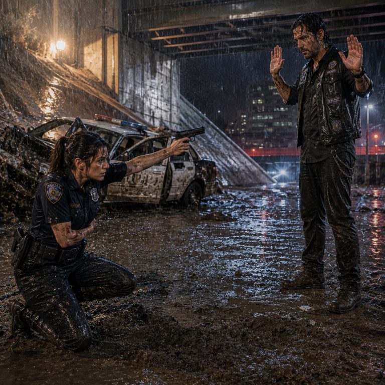 “Stop. Don’t you move.” Her voice cracked with pain, but her hand never shook. The gun was pointed straight at his chest. He could have laughed, could have walked away, could have let her bleed right there under that old railway bridge while the rain came down in sheets. Ethan Walker, Hell’s Angel, ex-Marine, Pittsburgh police had tried to lock up 14 times, dropped to his knees in the mud beside a dying cop and said four words nobody expected: “I’ve got you, kid.”