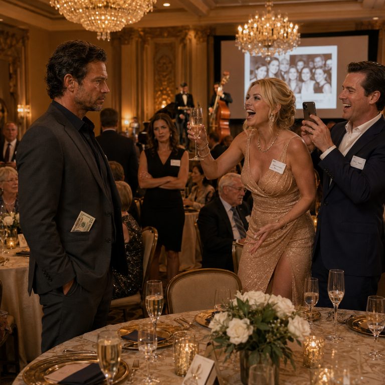 “Look who crawled out of the toolbox,” my ex-wife announced to 200 people at our high school reunion. She tucked a folded $20 bill into my pocket for “parking” and told the whole room I was still broke, still alone after 8 years. Her new husband filmed it all for the group chat. But she didn’t know about the billion-dollar deal I’d signed that morning. Or about the notebook in my desk drawer where I’d written down every insult she ever threw at me — not for revenge, but so I’d never forget who I used to let define me. Then the ballroom doors opened, and the woman who’d married the “tool belt guy” walked in.