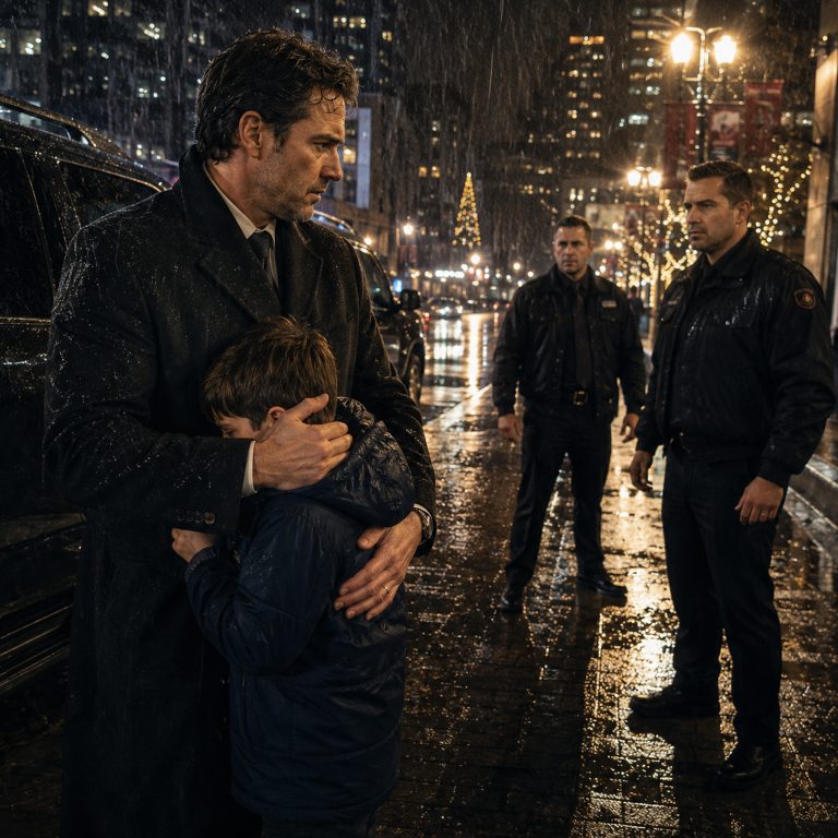 “Please pretend you’re hugging me,” the boy whispered, his small fingers digging into my coat. Rain was pouring down over Chicago, and two men in dark uniforms were running straight toward us. I should have stepped away. I was Andrew Whitman, billionaire tech founder — every move I made could become a headline. But I hadn’t felt anything in 15 months. Not since the crash took my wife and unborn daughter. Then this trembling child crashed into me, begging me to be his father for just one minute. And something inside me that I thought had died forever finally woke up.