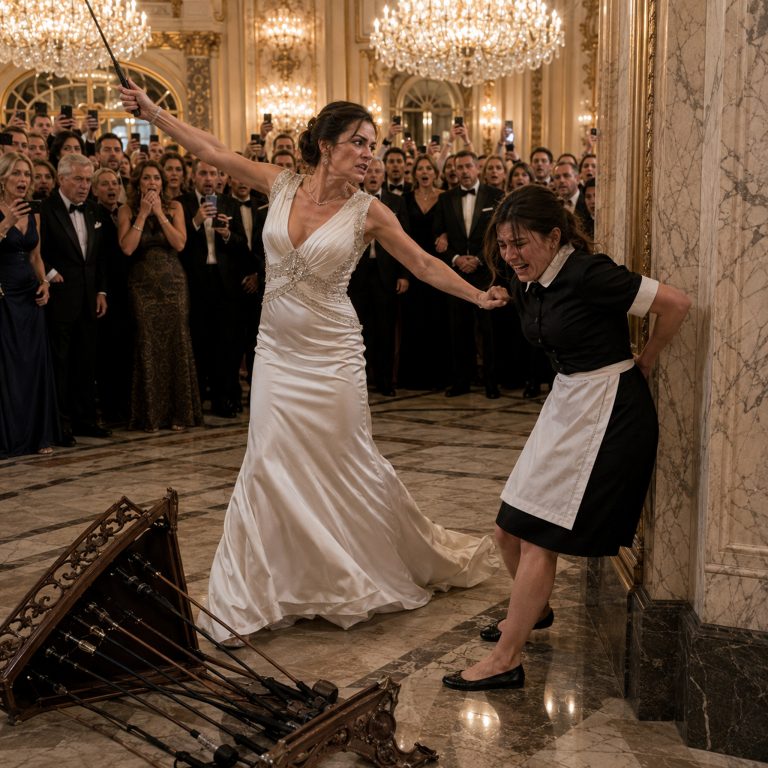 “The riding crop came down across her back right there in the middle of the ballroom. Three hundred guests stood frozen, phones recording, no one moving to help. Then the front doors opened and the billionaire groom walked in. What his grandmother said next made the entire room go silent — because no one knew the truth about how that family really started.”