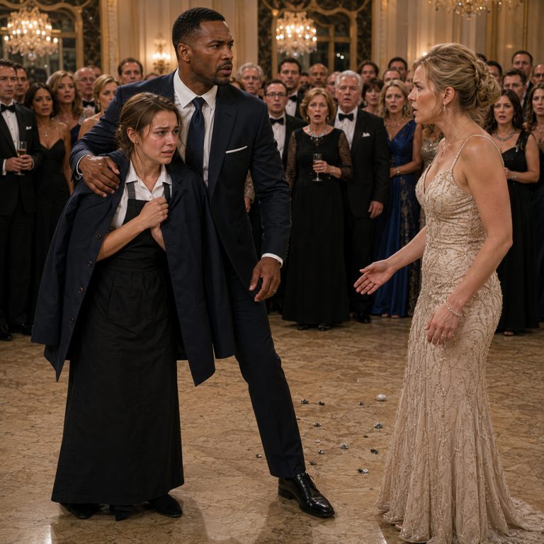 “You need to learn your place,” the socialite sneered, grabbing the waitress’s uniform and ripping it apart in front of hundreds of wealthy guests. Cameras flashed. No one moved to help. The young woman stood trembling, tears streaming down her face, covering herself with shaking hands. Then the ballroom doors opened and one of America’s youngest billionaires walked in. What happened next made everyone in that room wish they could disappear — because the waitress he wrapped his jacket around wasn’t just any employee. She was his wife.