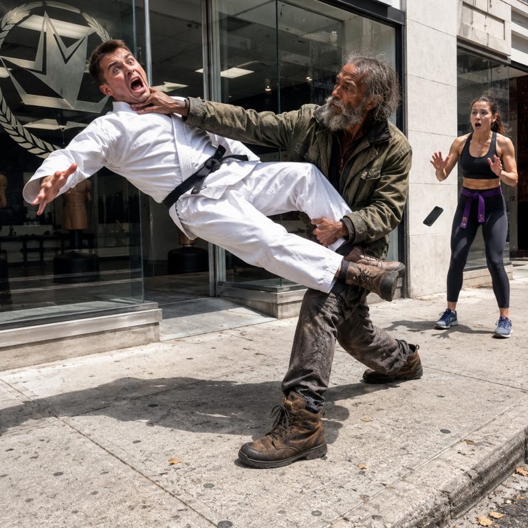 “Better go fetch,” the martial arts instructor laughed as he kicked a homeless man’s duffel bag across the sidewalk, his phone recording every second. The old man in the dirty jacket stood up slowly, his pale eyes shifting from hollow exhaustion to something terrifyingly calm. He said one quiet sentence. The instructor threw a textbook push kick. Two seconds later, he was flat on his back on the concrete, gasping for air — and the homeless man knelt on his chest and whispered something that shattered everything he thought he knew about strength.