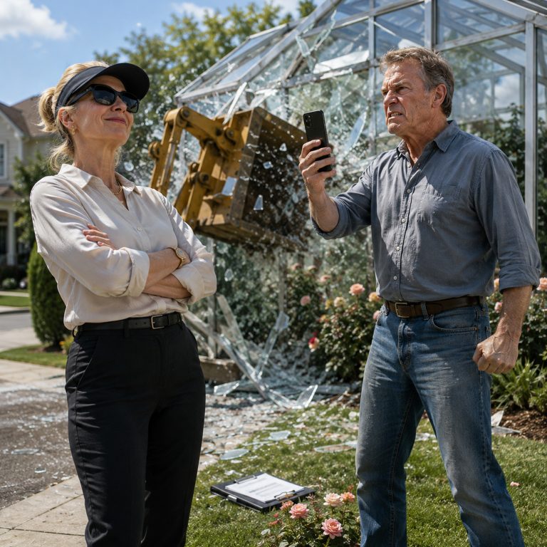 “I don’t care that your wife is dead,” Karen said, arms crossed, smiling as the bulldozer tore through my greenhouse wall. 12 years of roses—my late wife Marian’s roses—crushed under a steel bucket in under two minutes. She thought she’d won. She had no idea that greenhouse wasn’t just glass and roses. It was built on a foundation permit, a land survey, and a legal memorial designation we filed the year Marian got diagnosed. Karen didn’t check any of that. That was her first mistake.