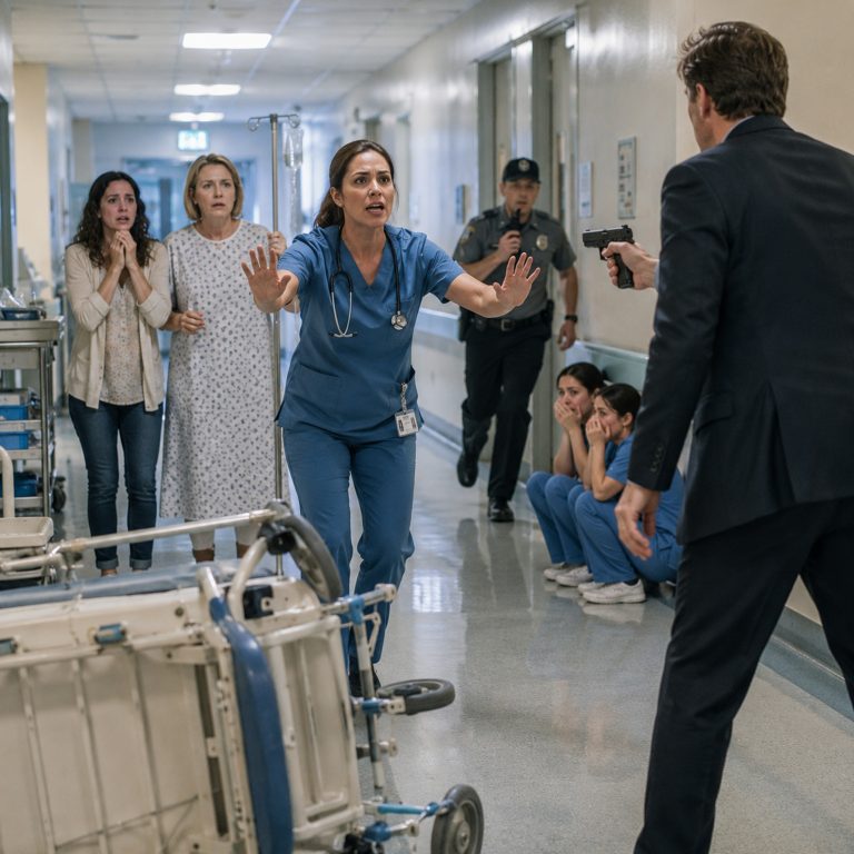 “Don’t be afraid. I’m here,” the quiet night nurse said as a gunman raised his weapon inside the hospital. She stepped between him and a terrified woman, buying precious seconds—until the gun suddenly fired. What happened next revealed a buried identity nobody at St. Catherine’s knew existed… and left a decorated admiral speechless.