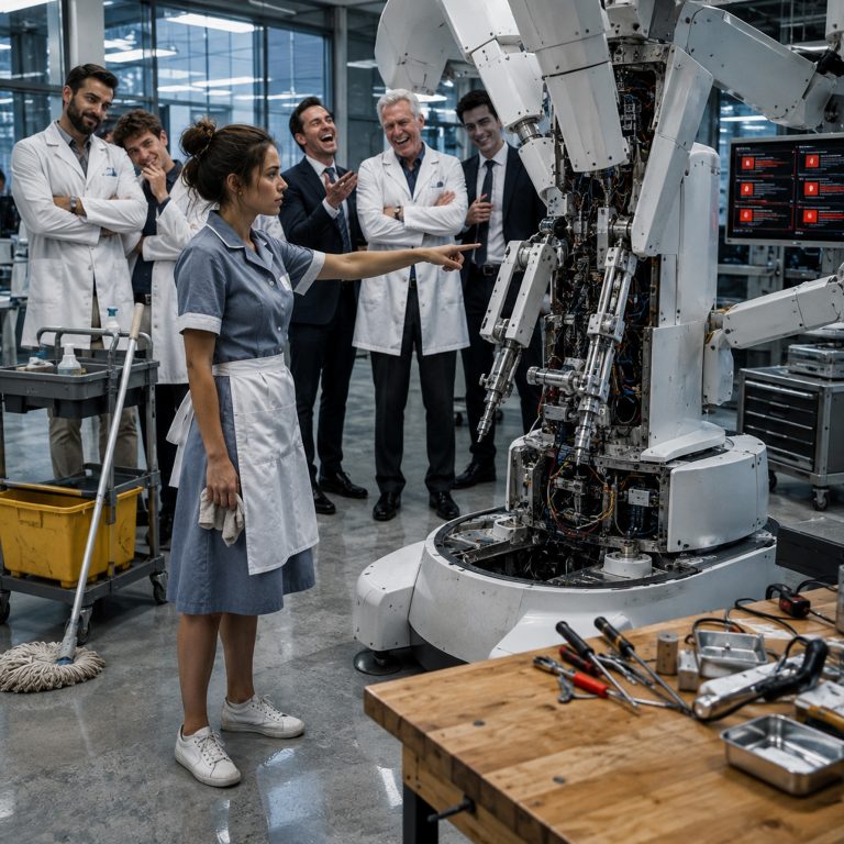 For seven hours, the country’s top engineers had tried everything. The $200 million surgical robot sat dead, and the billionaire owner watched his company’s future slip away. Then a young maid with a cleaning cart quietly stepped forward and asked one simple question. The room erupted in laughter. She calmly studied the machine for less than a minute, pressed a lever no one had noticed, and the entire system roared back to life. The billionaire couldn’t speak—because he’d just realized the woman everyone ignored had just outperformed every expert in the room.
