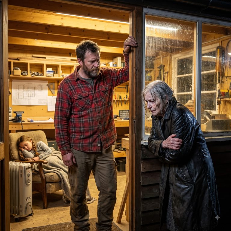 “Excuse me, sir. Could I sit on your porch until the county plow comes through?” the elderly woman asked the widowed single father at 11 PM during a freezing storm. He had $186 in his checking account, two late mortgage payments, and a sleeping 7-year-old daughter behind him. The city was already trying to buy his workshop to make room for a $465 million development. Yet he invited the stranger inside, fed her soup, and gave her his dead wife’s blanket. Six weeks later, he discovered the woman was the billionaire mother of the developer trying to take his home — and she had been hiding it the entire time.