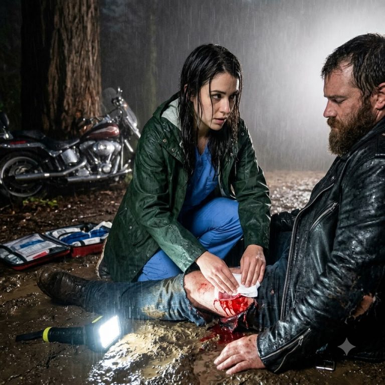 A shattered Harley-Davidson, a man bleeding out on a desolate mountain road. 0:077 giâyWhen an offduty nurse ripped her jacket apart to stop the hemorrhage, she thought she was just saving a life. She 0:1515 giâyhad no idea she had just claimed the blood debt of the Hell’s Angels most ruthless president. The rain in Northern 0:2323 giâyCalifornia didn’t just fall, it assaulted the pavement. 0:2929 giâyRoute 36 was a notoriously brutal stretch of highway, a serpent of asphalt winding through the Trinity Alps, 0:3838 giâyboasting 140 curves in a mere 10 miles. 0:4343 giâyIt was a road that claimed lives even on sunny afternoons. On a pitch black Tuesday night in November, it was a 0:5151 giâydeath trap. Claraara Hayes gripped the steering wheel of her beat up Subaru, the heater blasting, her eyes straining 1:001 phútthrough the rhythmic slashing of her windshield wipers. She had just finished a brutal 14-hour double shift at the 1:071 phút, 7 giâytrauma center in Reading. Her scrubs were stained with coffee and iodine, her 1:131 phút, 13 giâymuscles screaming for a mattress. All she wanted was the quiet isolation of her cabin. 1:221 phút, 22 giâyThen she saw the skid marks. They were fresh, twin ribbons of burnt rubber, ending abruptly at the shattered remains of a guard rail. 1:321 phút, 32 giâyClaraara slammed on her brakes. The Subaru fishtailing slightly before coming to a halt on the muddy shoulder. 1:411 phút, 41 giâyShe didn’t think. Her ER instrode her exhaustion. 1:471 phút, 47 giâyShe grabbed the trauma kit from her back seat, zipped up her heavy raincoat, and plunged into the downpour, peering over 1:561 phút, 56 giâythe edge of the embankment, the beam of her flashlight cut through the fog. 2:022 phút, 2 giây30 ft down, wrapped around the trunk of a massive redwood, was a mangled mass of chrome and black steel. A custom 2:112 phút, 11 giâyHarley-Davidson road glide completely unrecognizable and 10 ft away from the bike, a body. 2:192 phút, 19 giâyClara scrambled down the steep, slick embankment, mudcaking her boots and tearing at her fingernails. 2:272 phút, 27 giâyWhen she reached the man, the smell of raw gasoline and warm blood hit her like 2:342 phút, 34 giâya physical blow. He was massive, easily over 6’3, clad in heavy black leather 2:412 phút, 41 giâythat was heavily scuffed and torn. She dropped to her knees, shining the light on him. He was unconscious, his 2:492 phút, 49 giâybreathing a wet, ragged rattle. As she moved to check his airway, her flashlight beam illuminated the back of 2:562 phút, 56 giâyhis leather cut. There it was, the winged death head. the unmistakable red 3:033 phút, 3 giâyand white top rocker that read Hell’s Angels and the bottom rocker that read California. 3:113 phút, 11 giâyBut it was the small rectangular patch on his left breast that made Claraara’s breath catch in her throat. President 3:203 phút, 20 giâyClaraara had lived in Northern California long enough to know the weight of that patch. 3:263 phút, 26 giâyThe Hell’s Angels Motorcycle Club wasn’t just a biker gang. They were a heavily organized, fiercely guarded brotherhood 3:353 phút, 35 giâythat operated by their own brutal set of laws. 3:403 phút, 40 giâyGetting involved with them, even to save a life, meant stepping into a world where police didn’t go. 3:483 phút, 48 giâyBut Claraara was a nurse first. “Hey, can you hear me?” she shouted over the rain, tapping his collarbone. 3:573 phút, 57 giâyNo response. She rolled him onto his back with a grunt of effort. The man’s face was obscured by a thick rain soaked 4:064 phút, 6 giâybeard and blood pouring from a gash on his forehead. But that wasn’t the immediate threat. His right leg was bent 4:144 phút, 14 giâyat an unnatural, gruesome angle, and a jagged piece of chrome from the bike’s fender was embedded deep in his thigh. 4:244 phút, 24 giâyArterial blood, bright red and pulsing, was geysering from the wound, washing away in the mud. He was bleeding out 4:344 phút, 34 giâyfast. Clara ripped open her trauma kit, her hands moving with frantic precision. 4:404 phút, 40 giây”Hold on, buddy. Stay with me,” she muttered. She grabbed a tactical tourniquet, sliding it up his massive thigh high and tight above the shrapnel. 4:514 phút, 51 giâyShe twisted the windless rod, using all her upper body weight, pulling it until the brutal pressure cut off the arterial 4:594 phút, 59 giâyspray. The agonizing pain jolted the biker back to consciousness. His eyes snapped open, piercing icy blue, and a guttural roar tore from his throat. 5:125 phút, 12 giâyBefore Claraara could react, a massive calloused hand shot out, gripping her wrist with the force of a steel vice. 5:205 phút, 20 giâyDon’t cops, he choked out, coughing up a spatter of blood. No cops. You have a 5:285 phút, 28 giâysevered femoral artery and a collapsed lung, Claraara yelled back, completely unfazed by his intimidation. 5:375 phút, 37 giâyYou’re going to a hospital or you’re going to a morg. Pick one. 5:425 phút, 42 giâyHe stared at her, his grip trembling but unyielding. 5:475 phút, 47 giâyHis eyes darted to the dark road above them. A flash of pure paranoia crossing his hardened features. They cut the 5:575 phút, 57 giâylines. Break lines. His voice was a raspy whisper now. They’re coming back. 6:056 phút, 5 giâyClaraara’s blood ran cold. They cut the lines. This wasn’t a tragic accident. 6:126 phút, 12 giâyThis was an assassination attempt. 6:156 phút, 15 giâyBefore she could process the implication, his eyes rolled back and his grip went slack. 6:236 phút, 23 giâyClaraara immediately pulled her phone from her pocket. No service. Of course, 6:306 phút, 30 giâyRoute 36 was a dead zone. She had to make a choice. Leave him in the mud and drive to find a signal, risking him 6:396 phút, 39 giâydying of shock and blood loss, or stabilize him further and drag him up the hill. She chose the latter, working 6:476 phút, 47 giâyentirely on adrenaline. Claraara packed the massive thigh wound with heatic gores, leaning her entire body weight 6:566 phút, 56 giâyonto his leg to hold pressure. She checked his airway, realizing his left lung wasn’t expanding. 7:047 phút, 4 giâytension pneumoththorax. 7:067 phút, 6 giâyHis chest cavity was filling with air, crushing his heart. Without hesitation, Claraara pulled a 14 gauge needle from 7:157 phút, 15 giâyher kit. She found the second intercostal space on his massive chest, took a deep breath, and drove the needle 7:237 phút, 23 giâyin. A hiss of trapped air escaped, and the man’s chest rose in a sudden, violent gasp. 7:317 phút, 31 giâyHe was stabilized. 7:337 phút, 33 giâyBarely, Claraara spent the next grueling hour doing the impossible, rigging a makeshift harness with tow straps from 7:427 phút, 42 giâyher trunk. She managed to winch the unconscious giant up the slick mud embankment inch by agonizing inch, 7:507 phút, 50 giâyfinally hauling him into the back of her Subaru. As she slammed the trunk shut and peeled out onto the asphalt, a pair 7:587 phút, 58 giâyof headlights swept across the crash site from the opposite direction. A massive blacked out SUV slowed down, lingering near the broken guard rail. 8:108 phút, 10 giâyClaraara didn’t wait. She hit the gas, her heart hammering against her ribs, carrying the most feared man in 8:188 phút, 18 giâyCalifornia into the night. Shasta Regional Medical Center was a fortress of chaos on the best of nights. But by 8:268 phút, 26 giây3:00 a.m. on Wednesday, it felt like a war zone. Claraara had bypassed standard 8:338 phút, 33 giâytriage entirely, slamming her car into the ambulance bay and screaming for a gurnie. 8:418 phút, 41 giâyWhen the night staff recognized Claraara, they moved instantly. When they cut away the man’s leather vest and 8:488 phút, 48 giâysaw the Hell’s Angels patches, the entire atmosphere of the ER shifted. Whispers spread like wildfire. 8:578 phút, 57 giâySecurity was tripled. Claraara didn’t give a statement to the local police who showed up. She gave them the location of 9:059 phút, 5 giâythe crash, cited her exhaustion, and claimed she hadn’t seen anything else. 9:119 phút, 11 giâyShe couldn’t shake the biker’s final choked words. They cut the lines. They’re coming back. 9:199 phút, 19 giâyIf whoever tried to kill him found out she was the one who thwarted them, she would be a target. She retreated to the 9:269 phút, 26 giâylocker room, scrubbing the dried blood from beneath her fingernails until her skin was raw. 9:349 phút, 34 giâyAs she reached into the pocket of her raincoat for her keys, her fingers brushed against something heavy and metallic. 9:429 phút, 42 giâyShe pulled it out. It was a massive solid silver ring, a beautifully crafted skull wearing a winged helmet with the 9:519 phút, 51 giâyletters FFA, angels forever, forever angels, engraved on the band. The biker must have slipped 9:599 phút, 59 giâyit into her pocket during the struggle in the mud. It wasn’t an accident. It 10:0510 phút, 5 giâywas a marker. 48 hours later, Claraara’s life began to unravel. She returned to 10:1210 phút, 12 giâythe hospital for her next shift to find the perimeter transformed. 10:1710 phút, 17 giâyThe parking lot was lined with rows of polished Harley-Davidsons. 10:2210 phút, 22 giâyHeavily tattooed men in leather cuts stood in silent, intimidating clusters near all the entrances. 10:3110 phút, 31 giâyThe local police cruisers sat at the edge of the lot, hopelessly outnumbered and deeply uncomfortable. 10:3810 phút, 38 giâyThe Hell’s Angels had locked down the hospital. Their president, Jackson Cole, was in the ICU, and no one was getting 10:4710 phút, 47 giâynear him. Claraara kept her head down, bypassing the crowds by using the staff entrance. She tried to focus on her 10:5510 phút, 55 giâycharts, on the broken arms and flu cases, but the tension in the building was suffocating. 11:0311 phút, 3 giâyAround midnight, Claraara was in the breakroom pouring her fourth cup of terrible hospital when the door clicked 11:1211 phút, 12 giâyshut. She turned. Leaning against the doorframe was a man who looked like he had been carved out of granite. I was 11:2011 phút, 20 giâytall, heavily scarred, and wearing a Hell’s Angel’s vest. The patch on his 11:2711 phút, 27 giâychest read, “Vresident Clara Hayes, right?” His voice was smooth. Too smooth for a man who looked like he cracked skulls for a living. 11:4011 phút, 40 giâyClaraara froze, her hand tightening around her ceramic mug. 11:4511 phút, 45 giây”Who are you? Name’s Dutch,” he said, stepping into the room. “He didn’t move like a biker. He moved like a predator. 11:5611 phút, 56 giâyI’m the vice president of the charter. 11:5911 phút, 59 giâyJackson is my brother. I wanted to personally thank the angel who pulled him out of the ditch. I just did my job, 12:0712 phút, 7 giâyClaraara said evenly, maintaining eye contact. Anyone would have done the same. Not [clears throat] anyone. Dutch 12:1512 phút, 15 giâysmiled. But the smile didn’t reach his eyes. Most people see that patch in the mud. They keep driving. But you, you went down there. You patched him up. 12:2812 phút, 28 giâyMust have taken a lot of nerve. He took a slow step closer. 12:3412 phút, 34 giâyTell me, Claraara, did Jackson say anything to you before he went under. The room suddenly felt 15° colder. 12:4312 phút, 43 giâyClaraara thought of the black SUV idling by the crash site. She thought of Jackson’s panicked eyes. They cut the 12:5112 phút, 51 giâylines. She looked at Dutch, the vice president, the man who stood to inherit the throne if Jackson died. 13:0113 phút, 1 giâyNo, Claraara lied, her voice steady. He was entirely unresponsive. 13:0813 phút, 8 giâyI was in hypoalmic shock by the time I reached him. Dutch stared at her for a long, calculating moment. His eyes 13:1713 phút, 17 giâysearched her face for a tell, a twitch, a bead of sweat. 13:2313 phút, 23 giâyClaraara, used to dealing with belligerent meth addicts and grieving widows, didn’t flinch. Good, Dutch 13:3013 phút, 30 giâyfinally said, his tone shifting back to dangerous politeness. 13:3613 phút, 36 giâyBecause there’s an investigation going on. Local PD thinks it was an accident. 13:4213 phút, 42 giâySpeeding on wet roads, but in our world, we like to be sure. If you remember anything, [clears throat] you let me 13:5113 phút, 51 giâyknow. He handed her a black business card with a single phone number on it. 13:5813 phút, 58 giâyAs he turned to leave, he paused with his hand on the doornob. “Oh, and Claraara,” Dutch murmured, looking over 14:0514 phút, 5 giâyhis shoulder. “Jackson woke up an hour ago. He’s refusing pain meds. Says he 14:1214 phút, 12 giâywon’t talk to the doctors, won’t talk to the cops, won’t even talk to his own club.” Claraara swallowed hard. “Who 14:2014 phút, 20 giâydoes he want to talk to?” you,” Dutch said, his eyes darkening with a flash of 14:2714 phút, 27 giâyunmistakable jealousy. “The boss wants to see his guardian angel.” Claraara walked down the heavily guarded ICU corridor. 14:3714 phút, 37 giâyFive enormous bikers parted in silence as she approached Jackson’s room. 14:4314 phút, 43 giâyInside, the lights were dimmed. Jackson Cole looked like a caged lion trapped in 14:5014 phút, 50 giâymedical tubing. His massive frame was bruised yellow and purple, his leg hoisted in a complex traction rig, a chest tube snaking out from his ribs. 15:0215 phút, 2 giâyWhen Claraara walked in, his icy blue eyes locked onto hers. 15:0815 phút, 8 giây”The aggression she had seen in the mud was gone, replaced by a calculating, intense intelligence. 15:1615 phút, 16 giây”You kept the ring,” Jackson stated. “It wasn’t a question.” Claraara reached into her scrub pocket and placed the heavy silver skull on his tray table. 15:2815 phút, 28 giâyYou slipped it to me. Why? Because if I died in the back of your car, I wanted my brothers to know who was with me. 15:3715 phút, 37 giâyJackson grunted, shifting in the bed and wincing. And if I lived, I wanted to make sure they knew you were under my 15:4615 phút, 46 giâyprotection. In my world, Claraara, a life for a life is the only currency that matters. I don’t need your 15:5415 phút, 54 giâyprotection, Claraara said, crossing her arms defensively. I’m a nurse. I save people for a living. You need it now. 16:0316 phút, 3 giâyJackson fired back, his voice a low, lethal rumble. He leaned forward, 16:1016 phút, 10 giâyignoring the monitors beeping in protest at his elevated heart rate. 16:1516 phút, 15 giâyYou pulled me out before whoever cut my brakes could finish the job, which means they know a witness was on that 16:2216 phút, 22 giâymountain. Did anyone approach you tonight? Ask you questions. Claraara hesitated. Your vice president, Dutch 16:3116 phút, 31 giâyJackson’s jaw clenched so hard Claraara thought his teeth might shatter. He closed his eyes, a profound betrayal washing over his battered face. 16:4316 phút, 43 giâyDutch,” he whispered bitterly. “He asked if I talked, didn’t he? I told him you didn’t say a word,” Claraara said 16:5216 phút, 52 giâyquietly. Jackson opened his eyes, staring at her with a mix of awe and grim realization. 17:0017 phút”You lied to a Hell’s Angel’s enforcer to protect a man you don’t even know.” 17:0717 phút, 7 giâyHe reached out, his massive fingers gently tapping the silver ring on the table. You’re smart, Claraara, but 17:1617 phút, 16 giâyyou’re in the crosshairs now. Dutch won’t let this go. If he thinks you know that he orchestrated the crash, you won’t make it to the end of the week. 17:2517 phút, 25 giâyClaraara stepped back, her clinical detachment finally cracking. I didn’t ask for this. I just wanted to go home. 17:3317 phút, 33 giâyI know, Jackson said. his voice softening, a stark contrast to his terrifying reputation. 17:4217 phút, 42 giâyBut you stepped into the dark to pull me out. Now I have to pull you out. He 17:4917 phút, 49 giâypicked up the heavy silver ring and held it out to her. Put it on a chain. Keep it on your neck. It’s a presidential 17:5817 phút, 58 giâymarker. Anyone wearing that has the full lethal backing of the Hell’s Angels 18:0418 phút, 4 giâymotorcycle club. Dutch won’t move on you directly while I’m alive.” Claraara stared at the ring, the weight of the 18:1218 phút, 12 giâysilver suddenly feeling like an anchor, threatening to drag her to the bottom of the ocean. She took it, slipping it into her pocket. 18:2218 phút, 22 giây”What happens now?” she asked, her voice trembling slightly. 18:2818 phút, 28 giâyJackson’s icy blue eyes turned completely cold. The ruthless leader of the club returning in full force. “Now,” 18:3818 phút, 38 giâyJackson whispered, “we go to war.” The next three days were a masterclass in psychological warfare. 18:4618 phút, 46 giâyClaraara Hayes had spent her entire adult life navigating the high stakes, chaotic environment of emergency medicine. 18:5618 phút, 56 giâyShe was accustomed to the piercing alarms of heart monitors, the frantic rush of trauma bays, and the devastating 19:0419 phút, 4 giâyweight of delivering bad news to shattered families. 19:0919 phút, 9 giâyBut nothing in her clinical training could have prepared her for the suffocating terror of being hunted by the Hell’s Angels. Every shadow in the 19:1819 phút, 18 giâyhospital parking garage felt like a threat. The rhythmic hum of motorcycles on the distant highway made the hairs on the back of her neck stand up. 19:3019 phút, 30 giâyDutch was a man of his word, and his subtle intimidation campaign began almost immediately. It started with a 19:3719 phút, 37 giâyblackedout SUV idling across the street from her secluded cabin in the Trinity Alps. Claraara would wake up at 2:00 in 19:4619 phút, 46 giâythe morning to find the vehicle’s headlights beaming directly through her living room window, only for the truck 19:5319 phút, 53 giâyto vanish into the dense fog the moment she approached the glass. 19:5919 phút, 59 giâyThe next day, her locker at the hospital was forced open. Nothing was stolen. Her wallet, keys, and phone were untouched, 20:0820 phút, 8 giâybut a single rusted bra line was coiled neatly on top of her folded scrubs. A 20:1420 phút, 14 giâysilent, violent promise. “We know what you know, and we can reach you anywhere.” Claraara kept the heavy 20:2120 phút, 21 giâysilver ring Jackson had given her, threaded on a thick titanium chain, tucked safely beneath her shirt. The 20:3020 phút, 30 giâycold metal rested against her collarbone, a constant, chilling reminder of the blood debt she was now 20:3820 phút, 38 giâyhopelessly entangled in. She debated going to the police, but she knew the brutal reality of Northern California’s 20:4620 phút, 46 giâycriminal underbelly. Dutch practically owned half the corrupt deputies in the county. If she walked into a precinct, 20:5420 phút, 54 giâyDutch would know before she even finished giving her statement. Her only shield was the battered bedridden 21:0221 phút, 2 giâypresident in the ICU. But Jackson Cole was not a man who stayed bedridden for long. On Friday evening, the atmosphere 21:1021 phút, 10 giâyat Shasta Regional Medical Center shifted dramatically. 21:1621 phút, 16 giâyClaraara was charting at the central nurses station when the elevator doors chimed and slid open. Outstepped three massive men in pristine leather cuts. 21:2921 phút, 29 giâyThey didn’t look like the local enforcers Claraara had seen earlier in the week. These men wore bottom rockers 21:3621 phút, 36 giâythat read Oakland and nomads. They moved with terrifying disciplined precision, their eyes scanning the corridors like 21:4521 phút, 45 giâyseasoned soldiers entering a hostile combat zone. At the center of the formation was a man who commanded 21:5221 phút, 52 giâyabsolute silence. He was older with silver hair tied back and a patch that read National Sergeant at arms. 22:0322 phút, 3 giâyThey bypassed security, walking directly into the ICU. 22:0822 phút, 8 giâyClaraara watched, her heart hammering against her ribs as the men entered Jackson’s room. 10 minutes later, the 22:1722 phút, 17 giâydoor swung open. Jackson emerged. I was in a wheelchair, his broken leg heavily braced, his massive chest wrapped 22:2722 phút, 27 giâytightly in bandages that peaked out from beneath a borrowed flannel shirt. He looked pale, haggarded, and in 22:3522 phút, 35 giâyexcruciating pain, but the fury burning in his icy blue eyes was absolute. 22:4222 phút, 42 giâyHe had discharged himself against all medical advice as his brothers wheeled him toward the exit. Jackson locked eyes 22:5122 phút, 51 giâywith Claraara across the chaotic emergency room floor. He didn’t smile. 22:5722 phút, 57 giâyHe simply gave her a single definitive nod. He tapped his chest right where her silver ring rested on her own collarbone. 23:0823 phút, 8 giâyThe message was clear. The war begins tonight. By midnight, Claraara’s shift ended and the hospital felt eerily 23:1623 phút, 16 giâyempty. The heavy police presence was gone. The intimidating clusters of local hell’s angels had vanished. It was as if 23:2623 phút, 26 giâythe entire criminal ecosystem had suddenly evaporated into the freezing mountain air. Claraara walked out to the 23:3423 phút, 34 giâydarkened parking structure. Gripping her pepper spray tightly in her coat pocket. 23:4023 phút, 40 giâyThe concrete cavern was silent, save for the dripping of a leaky pipe. She reached her beat up Subaru, fumbling 23:4823 phút, 48 giâywith her keys, her hands [clears throat] shaking violently. I wouldn’t get in that car if I were you, sweetheart. 23:5523 phút, 55 giâyClaraara spun around, her heart dropping into her stomach. 24:0024 phútStepping out from the shadows of a concrete pillar was Dutch. He was flanked by two massive enforcers, their 24:0824 phút, 8 giâyfaces obscured by the dim, flickering fluorescent lights. 24:1324 phút, 13 giâyDutch was smiling, but it was the cold, hollow smile of a cornered predator. 24:1924 phút, 19 giây”Jackson’s gone,” Dutch stated, taking a slow step forward, the heavy boots echoing loudly in the empty garage. “He 24:2924 phút, 29 giâycalled a church meeting at the clubhouse.” “Called in the Oakland boys. 24:3324 phút, 33 giâyHe’s making a move.” Dutch chuckled, a dark, menacing sound. But my brother 24:4024 phút, 40 giâyalways had a blind spot. He thinks he can protect you while he’s busy fighting me. He’s wrong. Claraara backed up 24:4824 phút, 48 giâyagainst the cold metal of her car door, her fingers white knuckling her keys. 24:5524 phút, 55 giâyI told you I don’t know anything, she lied, her voice surprisingly steady, despite the overwhelming terror coursing through her veins. 25:0525 phút, 5 giâyIt doesn’t matter what you know anymore. 25:0825 phút, 8 giâyDutch sighed, pulling a heavy steel wrench from his jacket pocket. Jackson thinks you’re his guardian angel. If I 25:1625 phút, 16 giâybreak his angel, I break his focus. And right now, I need him distracted. One of the enforcers lunged forward, grabbing 25:2425 phút, 24 giâyClaraara by the collar of her heavy coat. She screamed, thrashing wildly, but the man’s grip was like iron. He 25:3325 phút, 33 giâyslammed her roughly against the hood of the Subaru, knocking the wind out of her lungs. “Hold her still,” Dutch muttered, 25:4225 phút, 42 giâyraising the wrench. Desperate, Claraara reached up, gripping the chain around her neck. With a violent yank, she 25:5025 phút, 50 giâysnapped the clasp, pulling the heavy silver skull ring out from beneath her shirt and thrusting it directly into the 25:5725 phút, 57 giâyenforcer’s face. The man froze. His eyes widened in absolute shock as he 26:0426 phút, 4 giâyrecognized the intricately carved silver skull and the deeply engraved afer. 26:1026 phút, 10 giây”That’s a presidential marker,” Claraara gasped, fighting for breath. “You touch me, and Jackson doesn’t just kill you. 26:1926 phút, 19 giâyHe kills your families. He burns your lives to the ground. You know the laws of this club.” The enforcer immediately 26:2826 phút, 28 giâyreleased her, stepping back as if the silver ring were radioactive. 26:3326 phút, 33 giâyHe looked frantically at Dutch, his loyalty suddenly waring with his survival instincts. The rules of the 26:4026 phút, 40 giâyHell’s Angels were absolute. To assault someone wearing a president’s marker was an automatic death sentence enacted with extreme prejudice by the entire charter. 26:5326 phút, 53 giâyShe’s bluffing. He wouldn’t give a civilian that ring. Dutch roared, his composure finally shattering. Grab her. 27:0127 phút, 1 giâyBut the men didn’t move. In that split second of hesitation, the deafening roar of a modified V twin engine shattered 27:1027 phút, 10 giâythe silence of the parking garage. A massive black Harley-Davidson road. King tore around the corner of the concrete 27:1927 phút, 19 giâystructure, its high beams blinding Dutch and his men. The bike didn’t slow down. 27:2627 phút, 26 giây[clears throat] It accelerated with brutal, terrifying speed, aiming directly for the vice president. Dutch dove out of the way just as the 27:3427 phút, 34 giâymotorcycle skidded sideways, the rider expertly laying the massive machine down in a shower of brilliant orange sparks. 27:4527 phút, 45 giâyThe rider stepped off the bike before it even stopped sliding. It was the national sergeant at arms from Oakland. 27:5227 phút, 52 giâyBefore Dutch could recover, the screech of tires echoed through the garage. 27:5827 phút, 58 giâyThree blacked out vas slammed into the parking structure, blocking the only exits. 28:0528 phút, 5 giâyDozens of heavily armed men wearing Hell’s Angels cuts poured out of the vehicles, forming an impenetrable silent 28:1328 phút, 13 giâywall around Claraara Dutch and the two terrified enforcers. The crowd parted. 28:2028 phút, 20 giâyJackson Cole was wheeled forward. He looked worse than he had in the hospital, his face slick with feverish 28:2828 phút, 28 giâysweat, blood seeping through his bandages. 28:3228 phút, 32 giâyBut he radiated an aura of pure unadulterated violence. 28:3828 phút, 38 giâyThe power dynamic in the concrete cavern shifted instantly. This wasn’t a hospital patient. This was a king holding court. 28:4928 phút, 49 giây”Dutch,” Jackson growled, his voice echoing loudly off the concrete walls. 28:5528 phút, 55 giâyDutch scrambled to his feet, dropping the wrench, his eyes darting frantically for an escape route that didn’t exist. 29:0229 phút, 2 giây”Brother,” he stammered, raising his hands in a placating gesture. “I was just I was questioning the witness, 29:1229 phút, 12 giâymaking sure she wasn’t talking to the cops about the crash.” “She isn’t a witness,” Jackson said coldly. He 29:2029 phút, 20 giâygestured to the silver ring still clutched in Claraara’s shaking hand. 29:2529 phút, 25 giây”She’s under my protection, and you just ordered a hit on a marked civilian. 29:3029 phút, 30 giâyShe’s a liability,” Dutch yelled, desperation clawing at his throat. “She saw the break lines. She knows it was an 29:3829 phút, 38 giâyinside job, Jackson. I was protecting the club.” “No,” Jackson corrected, his voice dropping to a lethal whisper. 29:4829 phút, 48 giâyYou were protecting yourself. Jackson looked at the national sergeant at arms. 29:5429 phút, 54 giâyThe older biker stepped forward and tossed a heavy manila folder onto the concrete at Dutch’s feet. Photographs 30:0230 phút, 2 giâyspilled out. Grainy surveillance shots of Dutch meeting with members of a rival cartel. Bank statements showing massive 30:1130 phút, 11 giâyoffshore wire transfers. You sold us out to the Sonora cartel,” Jackson said, the 30:1830 phút, 18 giâyprofound betrayal heavy in his raspy voice. “You cut my brakes so you could take the gavvel and hand our territory 30:2630 phút, 26 giâyover to the highest bidder. You broke the oath, Dutch.” The two enforcers who had accompanied 30:3330 phút, 33 giâyDutch immediately took a wide step back, distancing themselves from a dead man walking. To betray a brother was a sin. 30:4330 phút, 43 giâyTo betray the charter to a cartel was a crime that demanded blood. Dutch realized he was completely out of 30:5130 phút, 51 giâyoptions. With a guttural scream, he pulled a concealed hunting knife from his boot and lunged wildly at Jackson’s wheelchair. He didn’t make it two steps. 31:0331 phút, 3 giâyThe national sergeant at arms moved with terrifying speed, stepping into Dutch’s path. A heavy, sickening thud echoed 31:1231 phút, 12 giâythrough the garage as a steel baton struck Dutch across the temple. The vice president collapsed to the concrete, 31:2131 phút, 21 giâyinstantly unconscious, his betrayal ending in the cold, damp shadows of a hospital parking lot. Silence descended 31:2931 phút, 29 giâyupon the heavily armed crowd. Claraara stood trembling against her car, her medical training screaming at her to 31:3731 phút, 37 giâycheck Dutch’s pulse. But her survival instinct kept her rooted to the spot. 31:4331 phút, 43 giâyJackson wheeled himself closer to Claraara. The furious, violent king vanished, replaced once again by the 31:5231 phút, 52 giâybattered man she had pulled from the mud on Route 36. It’s over, Jackson said quietly, his icy blue eyes softening as 32:0132 phút, 1 giâyhe looked at her. The cartel ties are severed. The traitors are handled. No one will ever look for you, follow you, or threaten you again. You have my word. 32:1432 phút, 14 giâyClaraara looked at the unconscious body of Dutch, then at the heavily armed men, who stood in complete, disciplined 32:2232 phút, 22 giâysilence, awaiting their president’s command. She looked down at the heavy silver ring, still clutched tightly in her palm. She held it out to Jackson. 32:3432 phút, 34 giâyTake it, she whispered, her voice finally breaking. I don’t want any part of this world. 32:4232 phút, 42 giâyJackson shook his head slowly. Keep it, he replied, his tone final and unyielding. 32:4932 phút, 49 giâyYou saved my life, Claraara. You gave me the chance to save my club. In my world, a debt like that doesn’t just wash away 32:5832 phút, 58 giâyin the rain. If you ever need anything, no matter the time, no matter the place, you show that ring to a brother, and the gates of hell will open to back you up. 33:1033 phút, 10 giâyHe gave her one last profound nod of respect, then turned his wheelchair 33:1633 phút, 16 giâyaround. “Mount up,” Jixen commanded the crowd. The garage erupted into a deafening symphony of roaring engines. 33:2733 phút, 27 giâyClaraara stood alone in the flickering fluorescent light, clutching the heavy silver skull, watching as the most 33:3433 phút, 34 giâydangerous men in California rode off into the black misty mountain night, leaving her in peace, but forever bound 33:4233 phút, 42 giâyto the shadows they cast. Did you enjoy this intense real life inspired tale of 33:4933 phút, 49 giâyloyalty, betrayal, and a blood debt paid in full? The world of the Hell’s Angels is shrouded in dangerous secrets, and 33:5833 phút, 58 giâyClaraara’s harrowing night on Route 36 proves that sometimes saving a life can completely change your own. If you want 34:0734 phút, 7 giâymore gripping, adrenalinefueled stories and thrilling narrations, smash that like button, share this video with 34:1634 phút, 16 giâyyour friends, and make sure to subscribe to the channel so you never miss a twist.  Đồng bộ hóa với thời gian của video