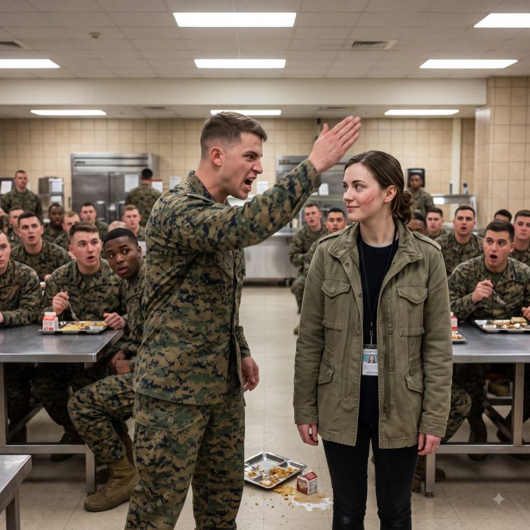“Hey sweetheart, you lost the civilian petting zoo,” the sergeant sneered at the woman in the faded field jacket. He’d been running the chow hall for two years — the loudest voice, the meanest laugh, the one nobody crossed. For nine days, he mocked her, he humiliated her, he even slapped her tray out of her hands. Then she smiled. And that smile meant nothing to him until the hatch swung open and a colonel walked in and called the entire room to attention for the “tourist” he’d just hit across the face.
