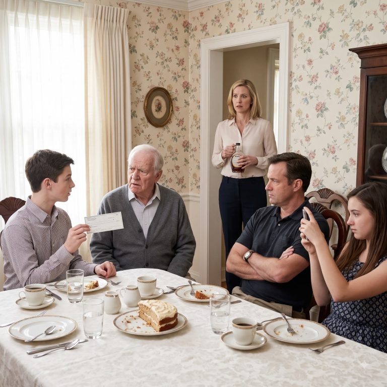 “Thanks, Grandpa,” I said, holding up the check. “This will help a lot.” He frowned, confused: “What check? I didn’t write you a check this year. I wired you $100,000 a week ago.” The room went silent. My mother gripped the syrup bottle like a grenade. That was the moment I learned my family had been lying to me — and the moment I started planning my escape.