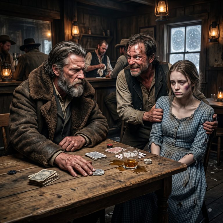 “I don’t hold with this, Cobb,” a miner muttered as the drunk across the table pushed forward a shivering woman in a torn gingham dress — his own niece — to cover a 50-cent poker bet. I didn’t want a wife. I wanted the three dollars owed me. But I looked at her bruised jaw, her hollowed-out stillness, and the winter storm closing the pass behind us. So I dropped a silver half-dollar on the table, flipped my pair of eights, and walked out into the freezing dark with a woman who didn’t say a single word. Five hours up the mountain, in a cabin dug into the snow, I discovered who she really was — and the brand burned into her shoulder that would bring death to my door.