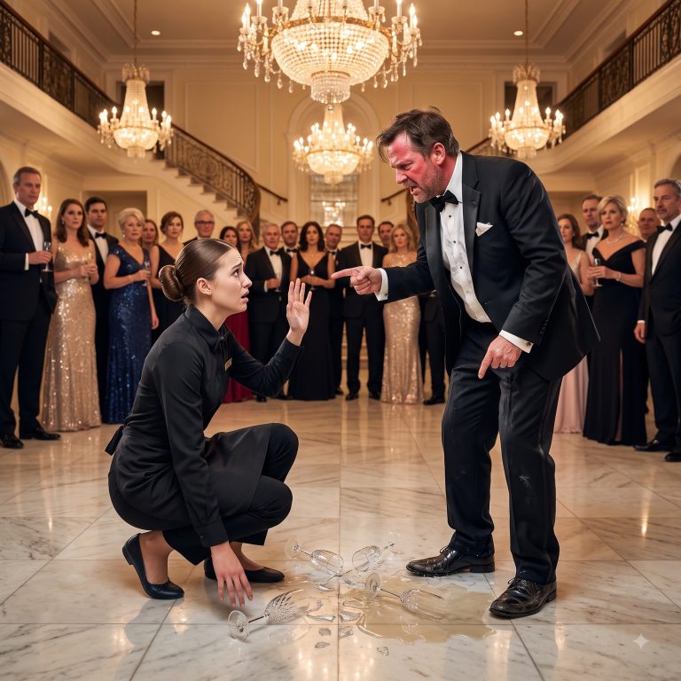 “Right now on your knees,” the drunk guest sneered, his $2,000 shoes soaking in champagne I’d spilled. I was 24, had $83 to my name, and a sister in nursing school who needed tuition in three weeks. I started to kneel on that cold marble floor — and then a hand clamped around my wrist. “You’re dancing with me tonight,” a voice murmured. It wasn’t an invitation. It was a sentence. Gabriel Rossi didn’t save people. He owned them. And that night, he decided to own me.