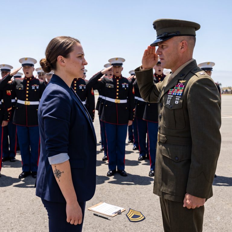 “Ma’am, that ink on your arm—did your son sketch that for your visit?” the staff sergeant sneered, gesturing at her sleeve. “Or did you pick it up at one of those mall booths?” He told her to tuck it down, to get out of the working hallway, to sit with the other families. He spent all morning humiliating her in front of the Marines, writing false reports about her behavior. He had no idea the tattoo on her forearm was a combat memorial. He had no idea the battalion commander would recognize it. And when the formation fell in at 1300 hours, the entire parade deck snapped to attention for the woman he’d been trying to throw out.