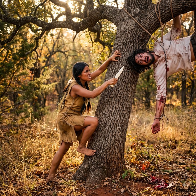 “I don’t know if she came to help me or finish what the trap started,” I gasped, hanging upside down from a tree in the Texas Hill Country, blood dripping down my arm. Then the Apache girl climbed toward me with a bone knife. She cut the rope—and the fall knocked me unconscious. When I woke, she was kneeling beside me, binding my wounds with the tenderness of someone who had seen too much death. But the bounty hunters were already tracking us both, and the look in her eyes told me this wasn’t about saving a stranger. It was about saving the last piece of goodness this world hadn’t burned away.