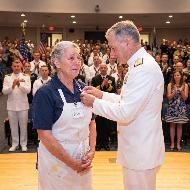 “The sharp smell of scorched coffee clung to my apron when a young Navy lieutenant burst through the cafeteria doors and called my name like the building was on fire,” I thought as I scraped dried mashed potatoes from a steel tray. I was 73 years old, wearing orthopedic shoes and a plastic name tag that said “Eevee.” I’d been serving food to sailors for 14 years—invisible, quiet, exactly how I wanted it. Then the lieutenant said a three-star admiral was waiting for me. Vice Admiral Richard Bennett. I hadn’t seen him since he was a 23-year-old lieutenant lying in the dust beside a burning vehicle in the Saudi desert, trying to hold his own blood inside his body with both hands. Now he was a four-star admiral, and he had stopped a retirement ceremony of 200 people to find me. He said he refused to sit until I arrived. I looked down at the gravy on my sleeve and the dust on my hip and told the lieutenant I wasn’t dressed for an auditorium. She said the admiral knew I would say that.