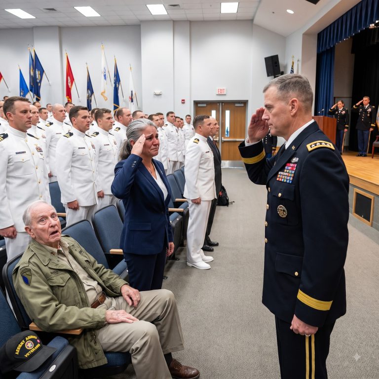 “Keep your head down,” my father whispered, pushing me toward the rear exit. “This ceremony is for people who earned the right to be here.” I was 51 years old, a Vice Admiral in the United States Navy, and I had just spent 72 hours in crisis briefings before flying to my brother’s SEAL graduation — where my father had ordered me to stand by the service door so I wouldn’t embarrass the family. I watched him smooth his old army jacket and extend his hand to the four-star general on stage, certain the man had come to congratulate him for raising my younger brother. Then General Miller walked past my father without slowing. He crossed the entire auditorium. He stopped three paces in front of me. And in front of 200 newly graduated SEALs, he raised his hand in a salute so sharp it cut through the silence — and said the words that shattered everything my family believed about me.