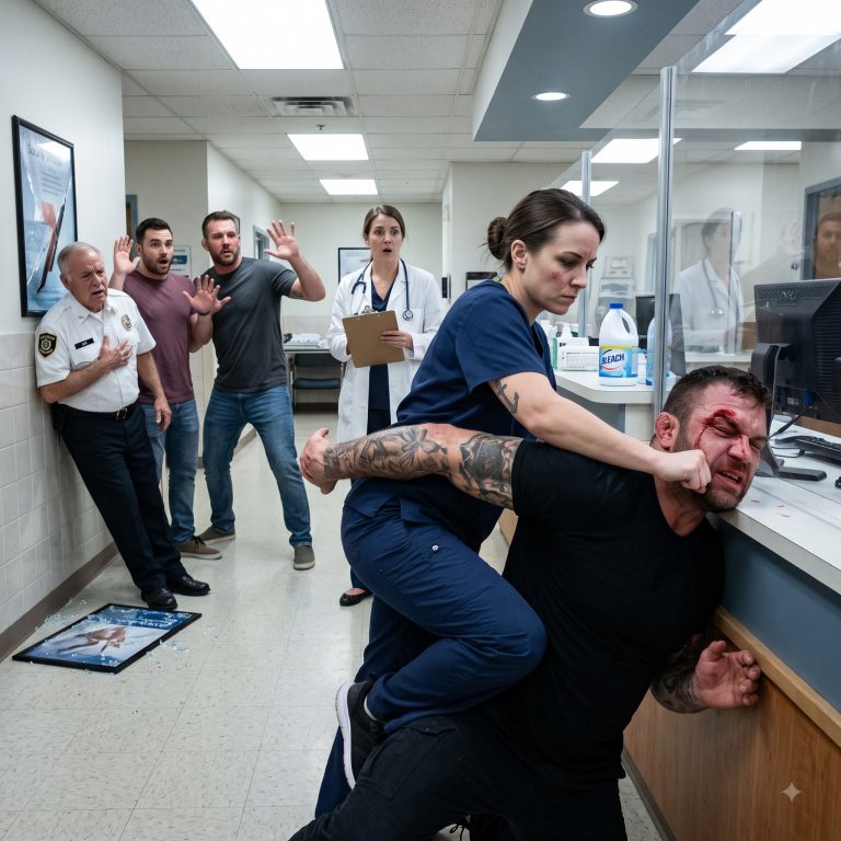 “I don’t think you know who I am,” the MMA champion snarled, shoving a 64-year-old security guard against the wall in the middle of a rural ER. He cornered the quiet new nurse in baggy scrubs, thinking she was easy prey. He didn’t know those faded scrubs had once worn a plate carrier for Naval Special Warfare. He raised his hand to shove her out of his way — and in less than three seconds, the loudest man in the room was pinned face-down on the triage counter, begging her not to break his arm.